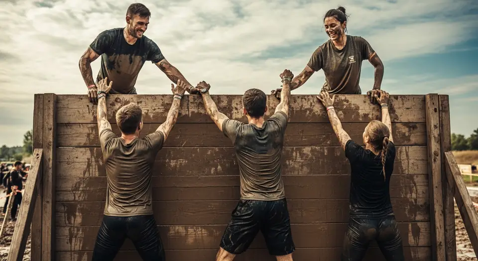 Mud run teammates helping each other over an obstacle
