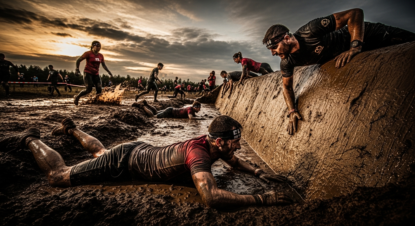 Mud run athletes climbing an obstacle